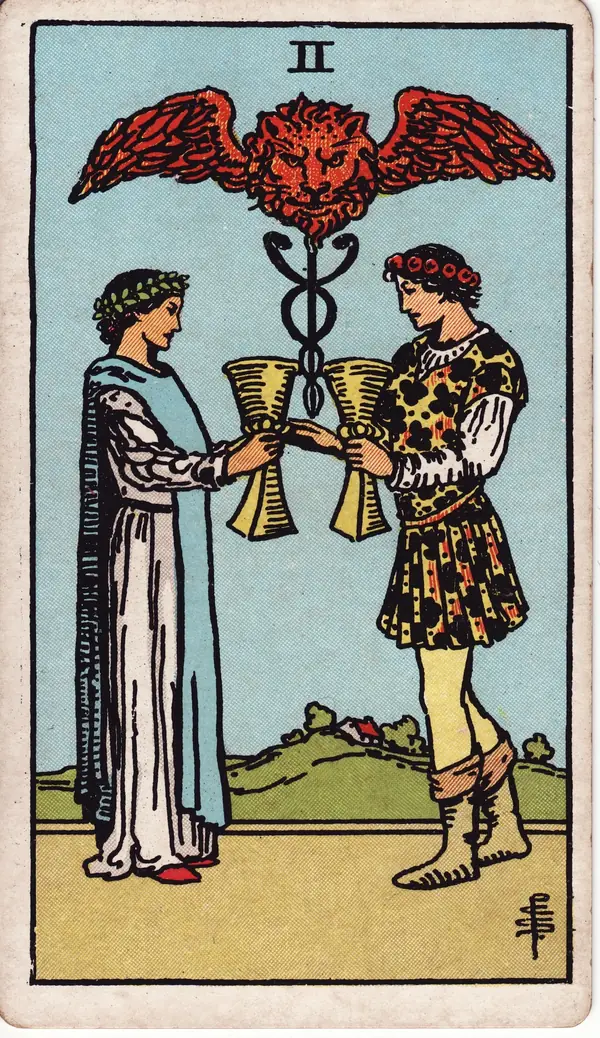 Two of Cups tarot card (1909 public-domain deck)