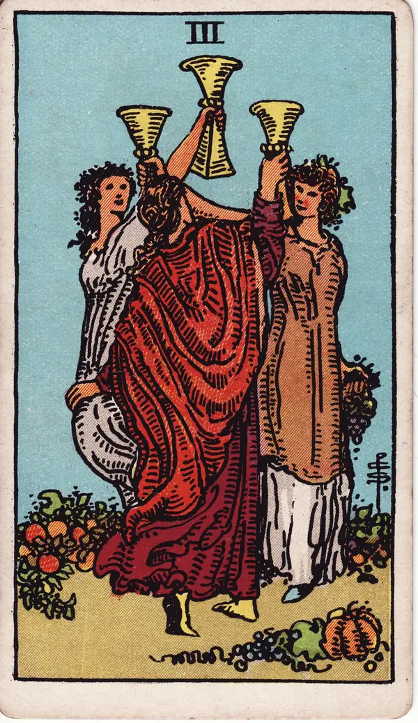 Three of Cups tarot card (1909 public-domain deck)