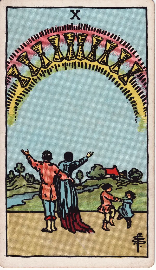 Ten of Cups tarot card (1909 public-domain deck)