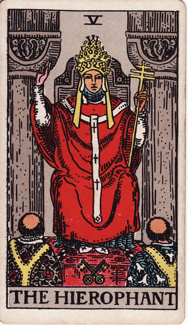 The Hierophant tarot card (1909 public-domain deck)
