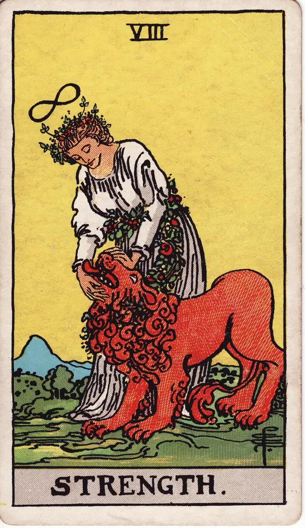Strength tarot card (1909 public-domain deck)
