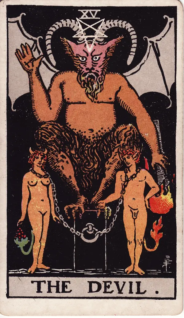 The Devil tarot card (1909 public-domain deck)
