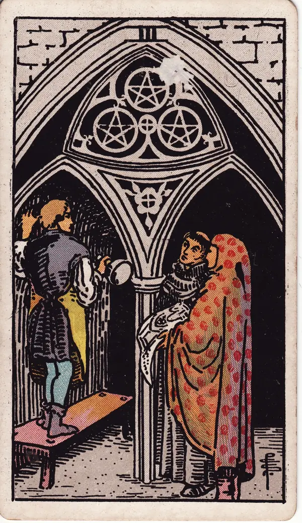 Three of Pentacles tarot card (1909 public-domain deck)