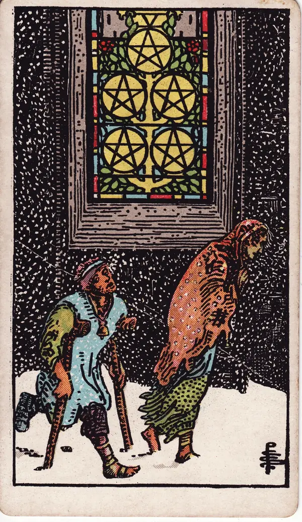 Five of Pentacles tarot card (1909 public-domain deck)