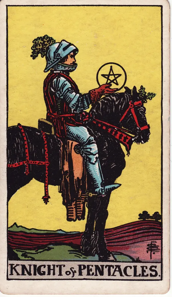 Knight of Pentacles tarot card (1909 public-domain deck)
