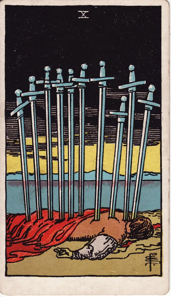 Ten of Swords tarot card (1909 public-domain deck)