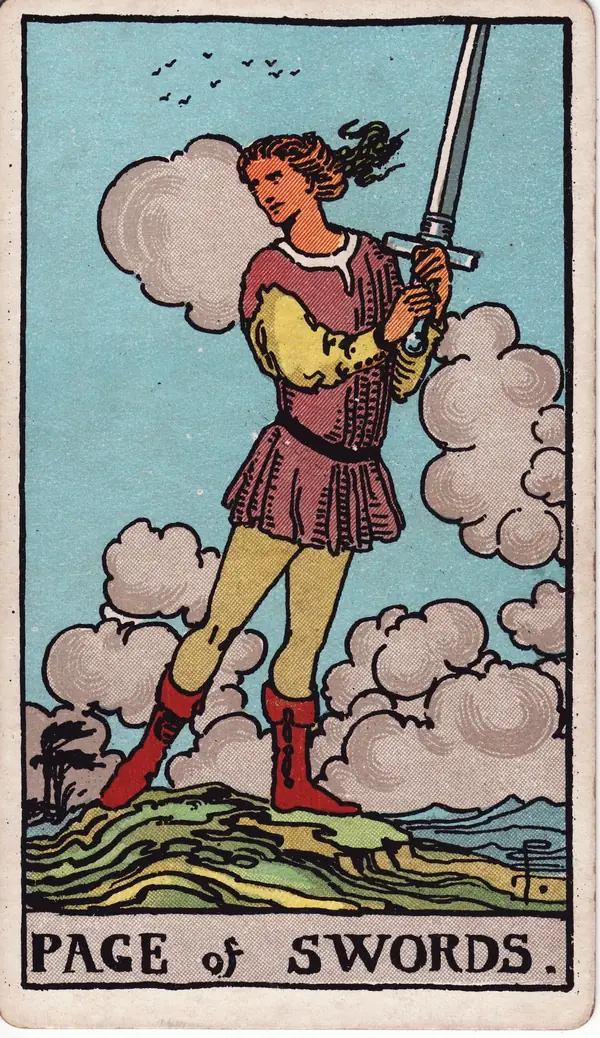 Page of Swords tarot card (1909 public-domain deck)