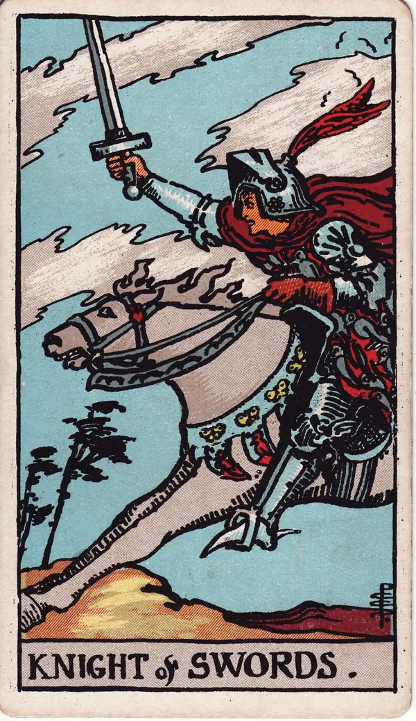 Knight of Swords tarot card (1909 public-domain deck)