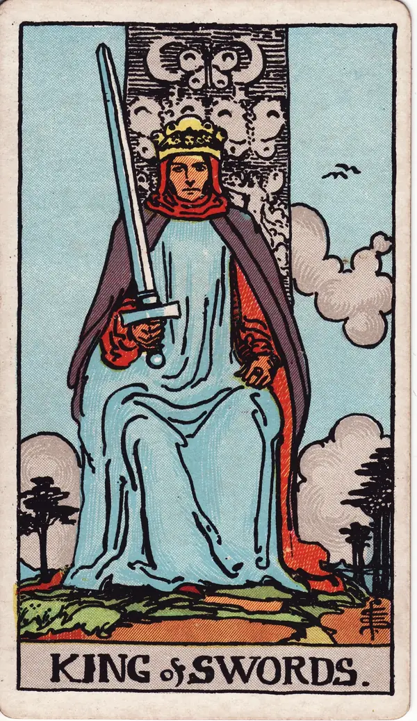 King of Swords tarot card (1909 public-domain deck)