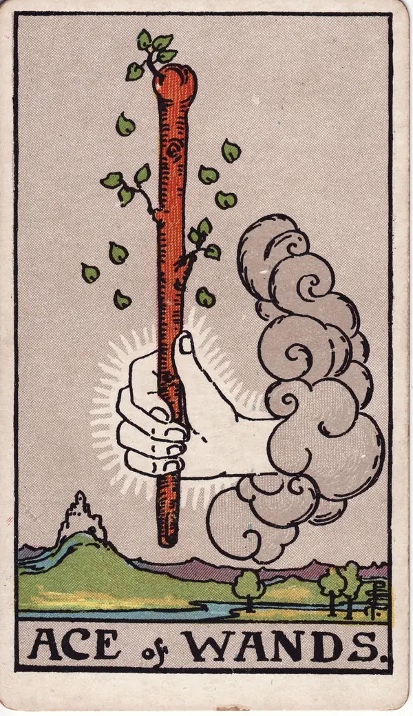Ace of Wands tarot card (1909 public-domain deck)