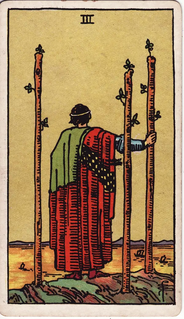 Three of Wands tarot card (1909 public-domain deck)