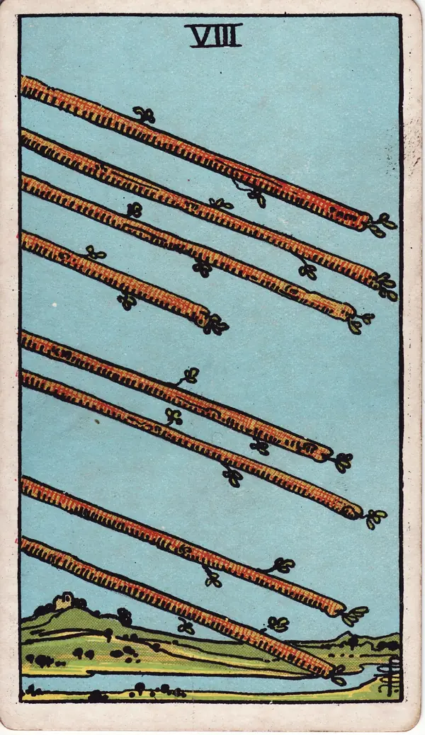 Eight of Wands tarot card (1909 public-domain deck)