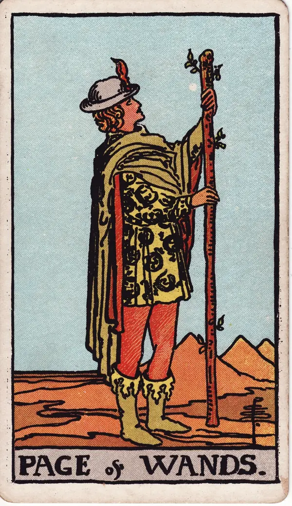 Page of Wands tarot card (1909 public-domain deck)