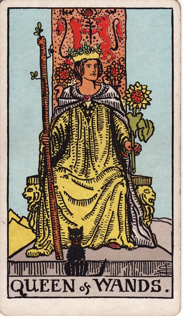 Queen of Wands tarot card (1909 public-domain deck)