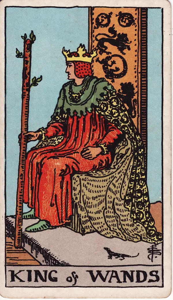 King of Wands tarot card (1909 public-domain deck)